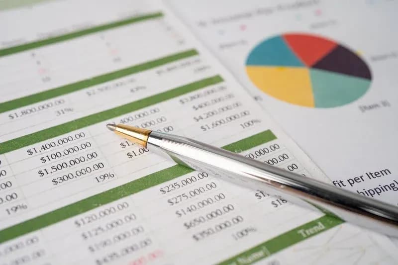 Close-up of a financial spreadsheet with dollar amounts and percentages, a silver pen, and a colorful pie chart in the background