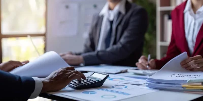 Business meeting reviewing yearly reports and financial charts with a calculator — LLC Formation and Bookkeeping from RDP Bookkeeping Solutions