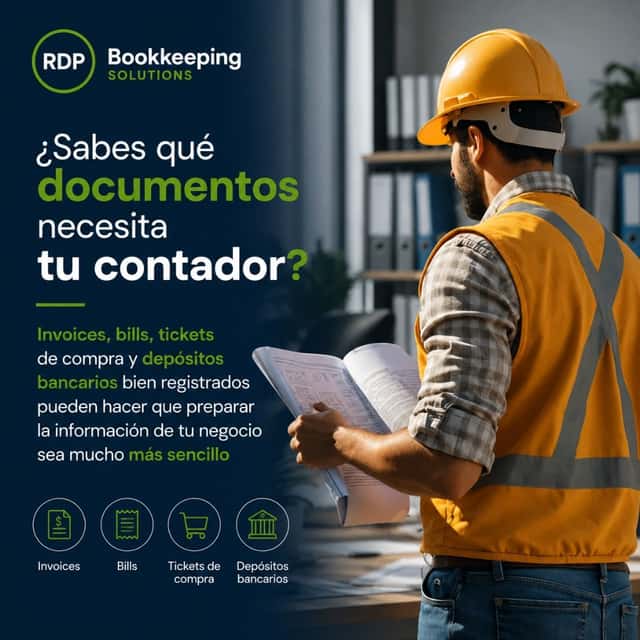 Promo graphic: a contractor in a hard hat reading a document — “¿Sabes qué documentos necesita tu contador?” with icons for invoices, bills, purchase tickets and bank deposits