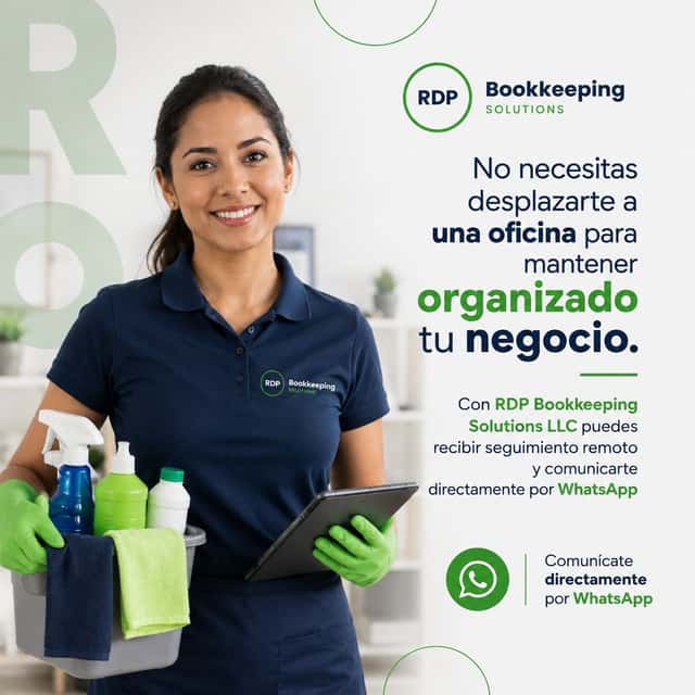 Promo graphic: a cleaning professional in an RDP polo holding supplies and a tablet — no need to travel to an office to keep your business organised; direct WhatsApp contact