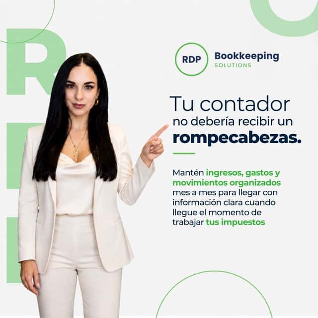 Promo graphic: Ruth Delgado in a white suit — “Tu contador no debería recibir un rompecabezas”, on keeping income, expenses and transactions organised month to month