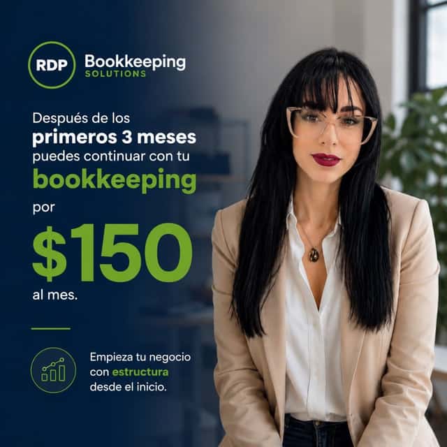 Promo graphic on navy: Ruth Delgado with glasses — after the first three months, continue bookkeeping for $150 a month