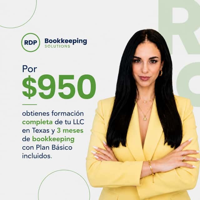Promo graphic: Ruth Delgado in a yellow blazer — for $950, complete Texas LLC formation with three months of bookkeeping on the Basic Plan included