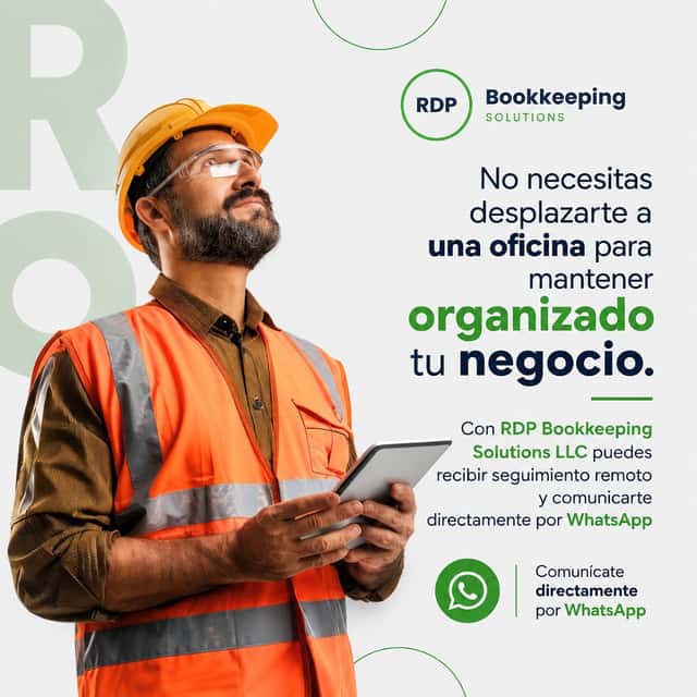 Promo graphic: a construction worker in a hard hat holding a tablet — no need to travel to an office to keep your business organised; remote follow-up and direct WhatsApp contact