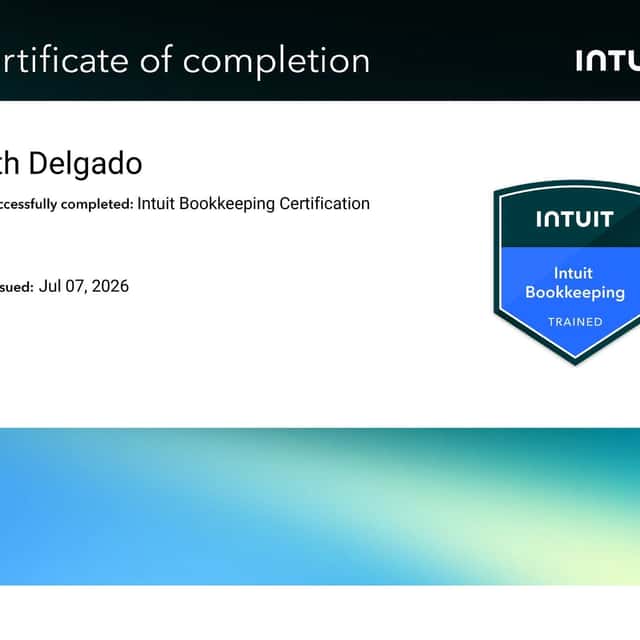 Intuit certificate of completion: Ruth Delgado has successfully completed the Intuit Bookkeeping Certification, issued July 7, 2026